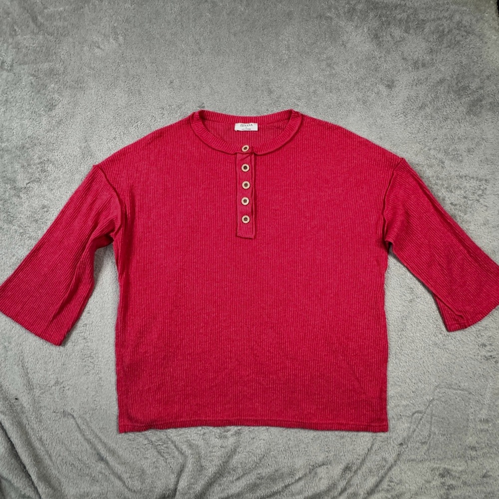 Zenana Womens Red Ribbed Henley Top Oversized Long Sleeve HT-2160D4 Size L
